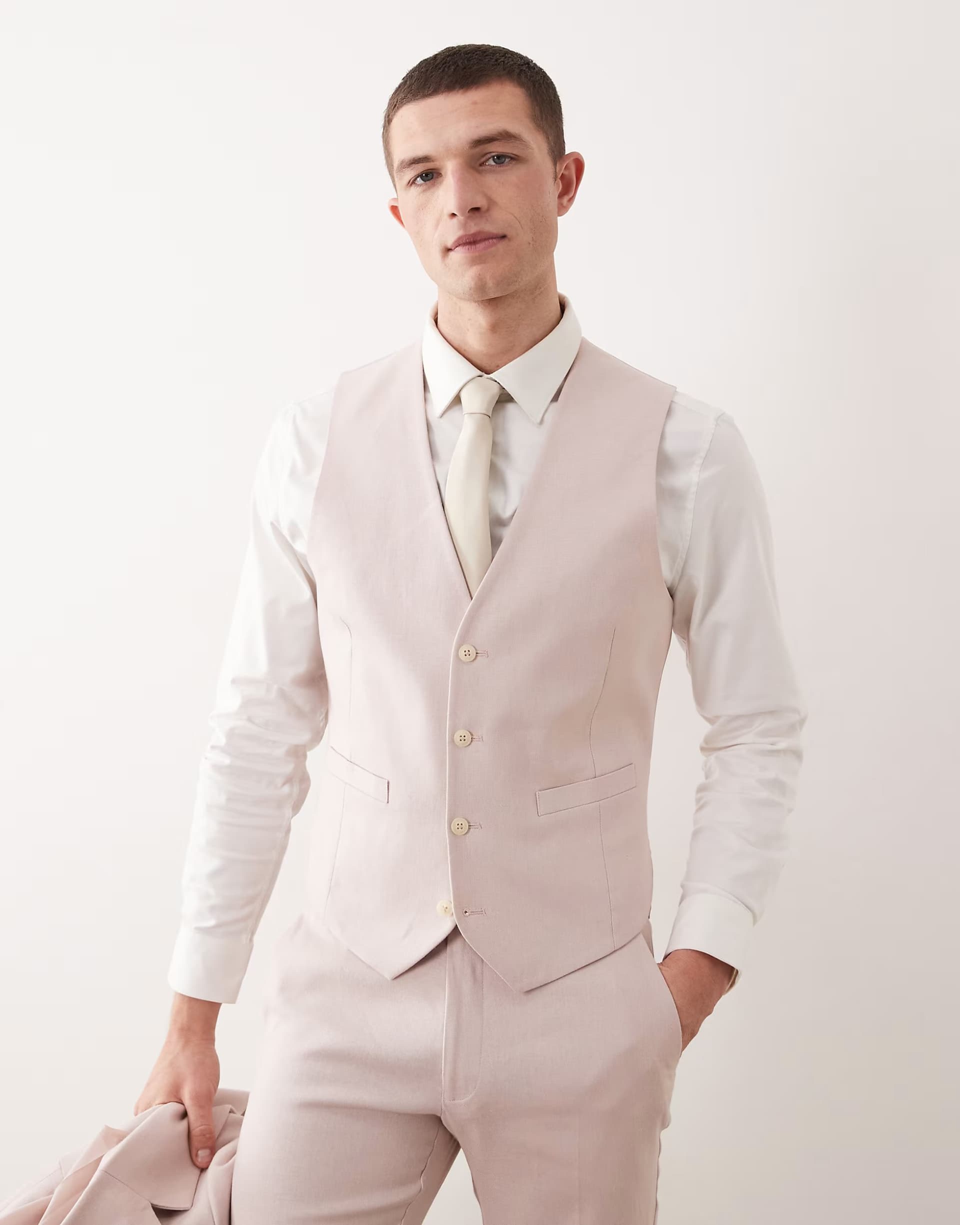 ASOS ASOS DESIGN suit waistcoat in light pink linen rich