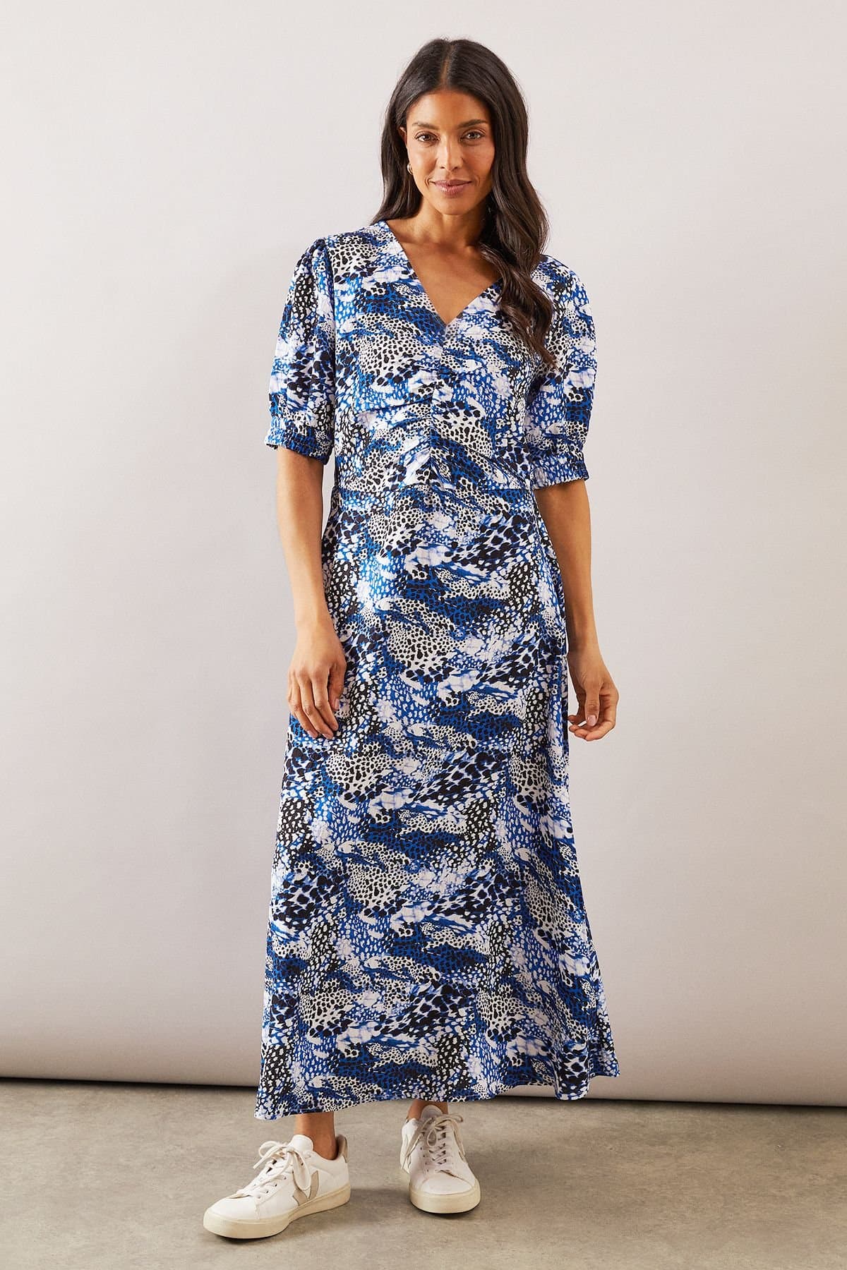 Wallis Wallis Women's Mixed Leopard Print Ruched Midi Dress in Blue