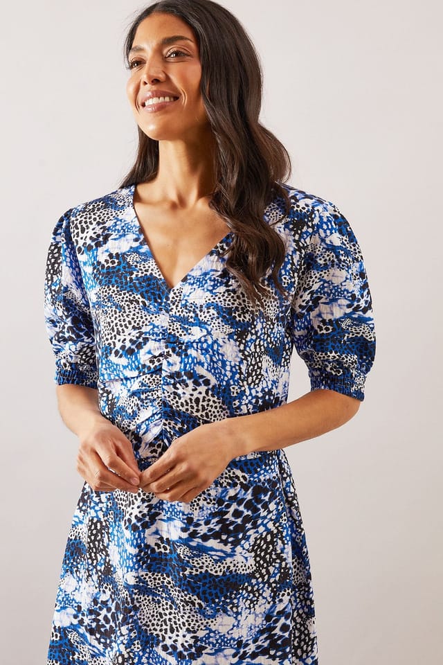 Wallis Wallis Women's Mixed Leopard Print Ruched Midi Dress in Blue - 2