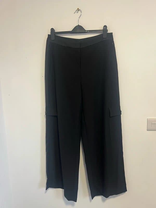 Mint Velvet Mint Velvet Size 14R Black Cargo wide leg Trousers Satin Trim Work Reiss Whistles Jigsaw Me+Em