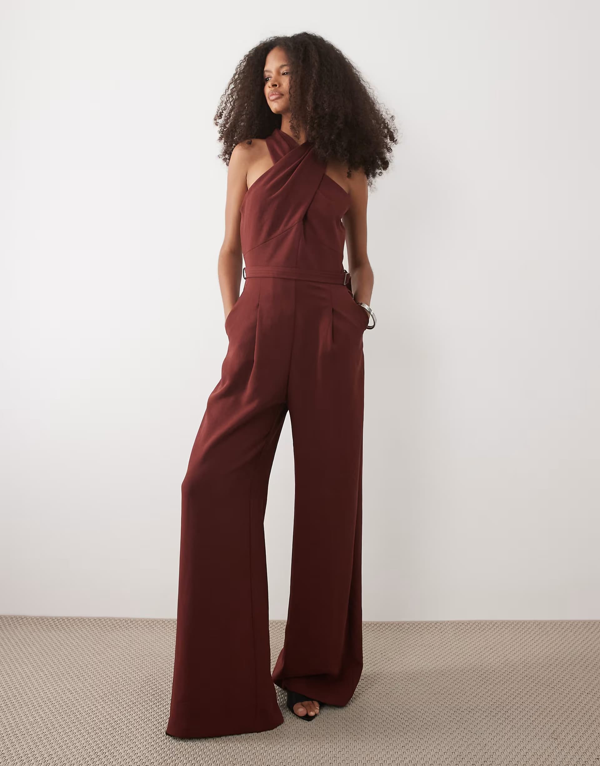ASOS Mango twist detail halterneck belted jumpsuit in deep red