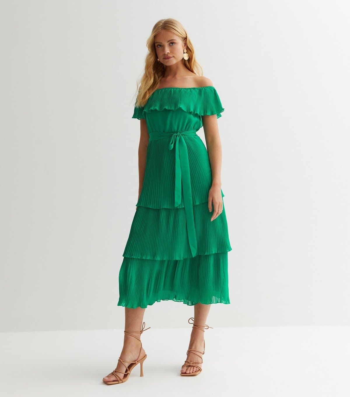 Gini London Women's Green Pleated Bardot Midi Dress Gini London New Look