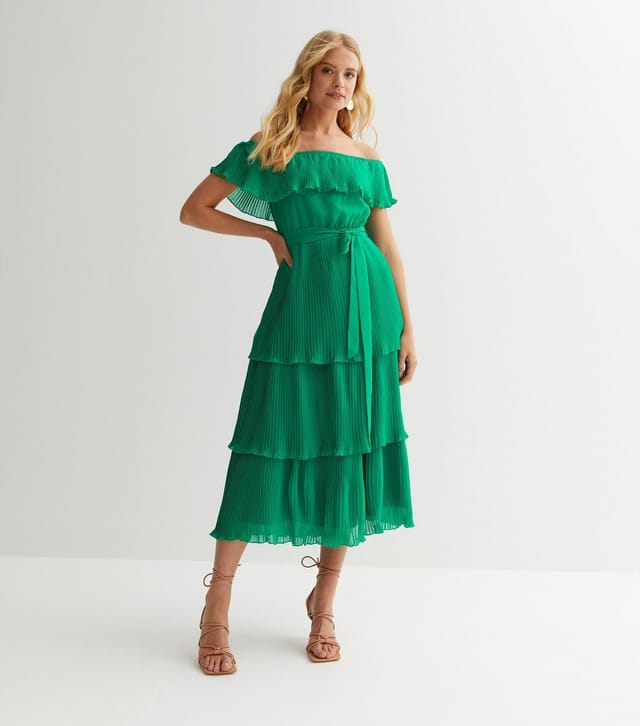 Gini London Women's Green Pleated Bardot Midi Dress Gini London New Look - 3