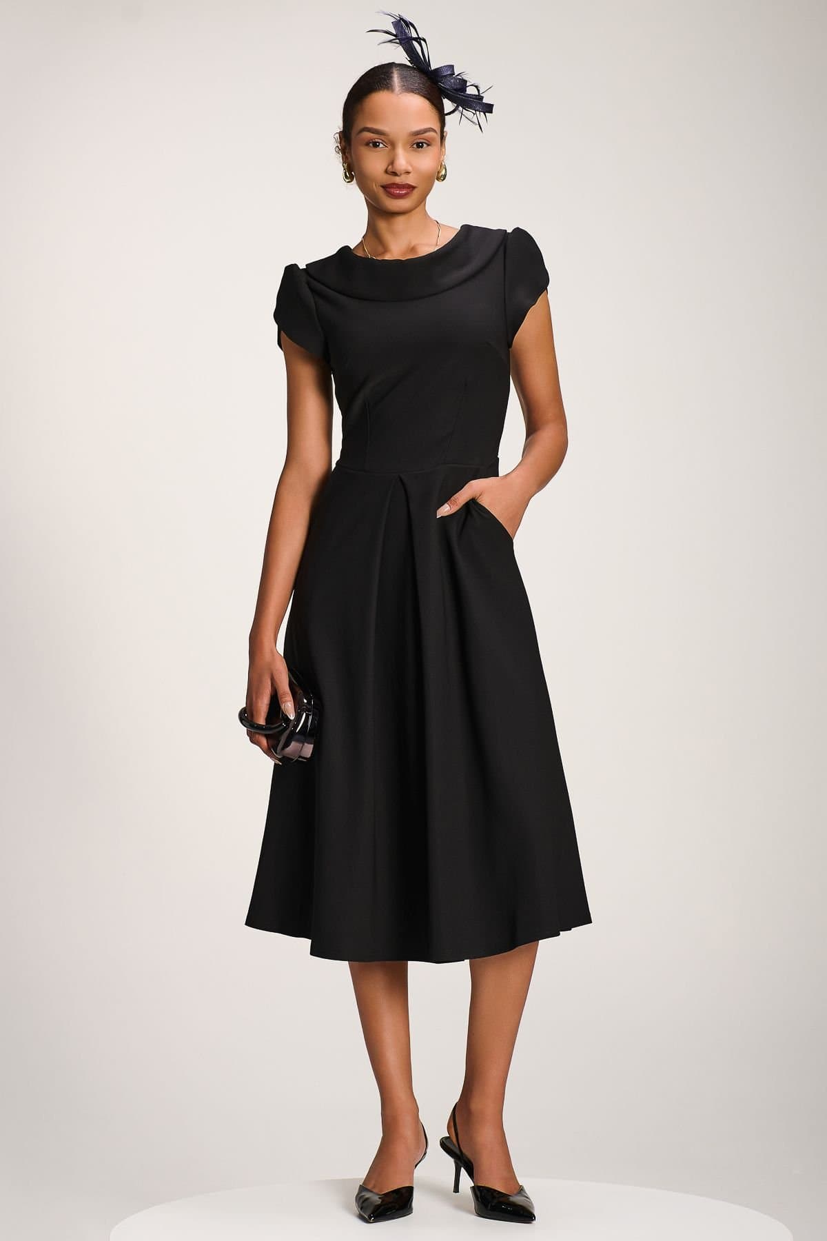 Jolie Moi Jolie Moi Women's Roll Neck Petal Sleeve Midi Dress in Black