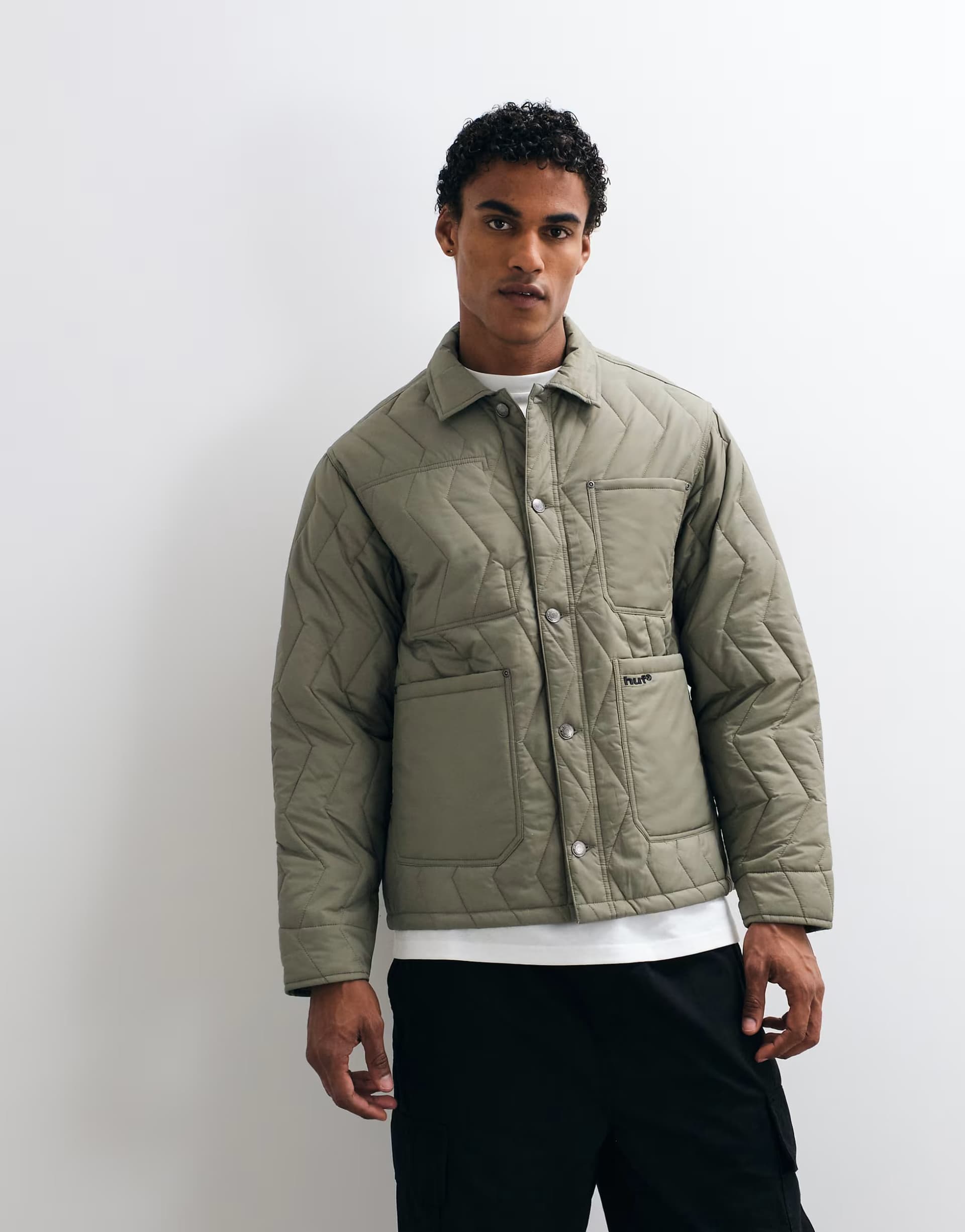 ASOS HUF zigzag quilted padded chore jacket in sage