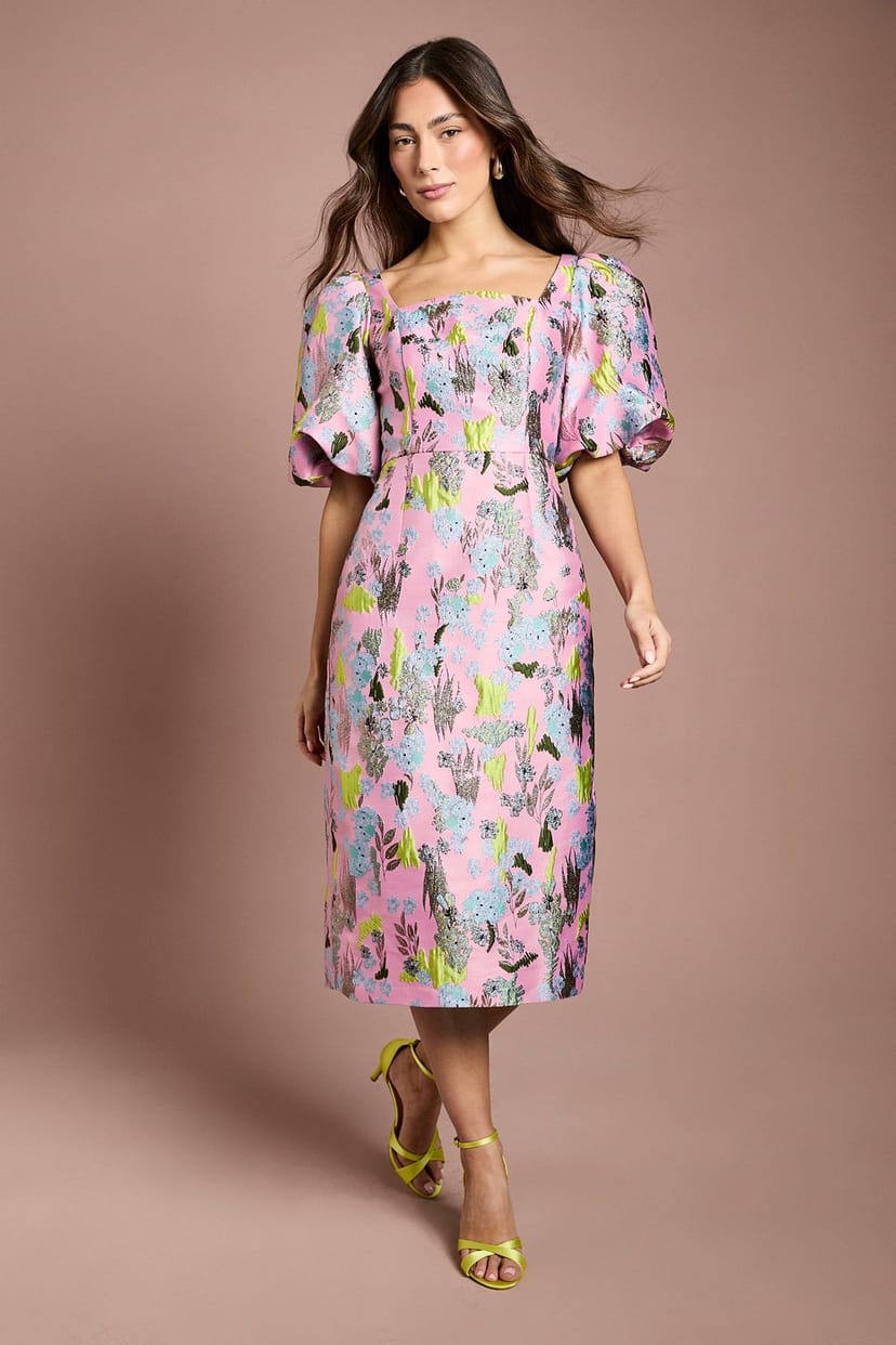 Coast Coast Women's Jacquard Puff Sleeve Square Neck Pencil Dress in Pink - 1