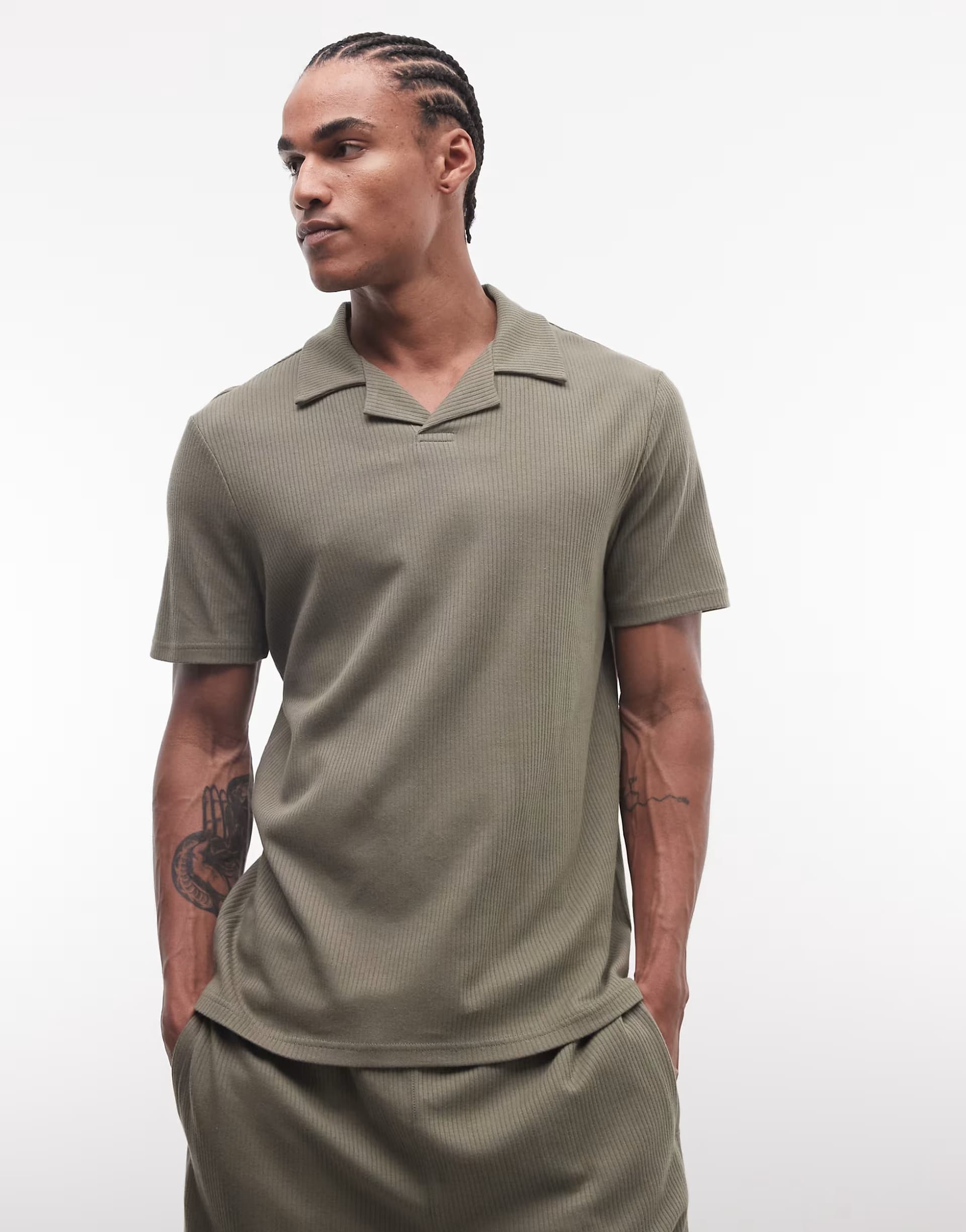 ASOS CAPO ribbed stripe revere shirt co-ord in green