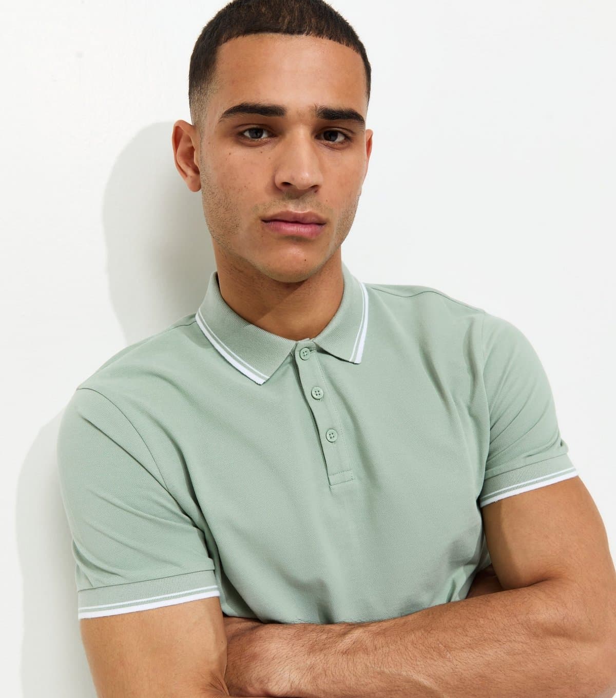 New Look Men's Light Green Regular Contrast Tipping Pique Polo Top New Look