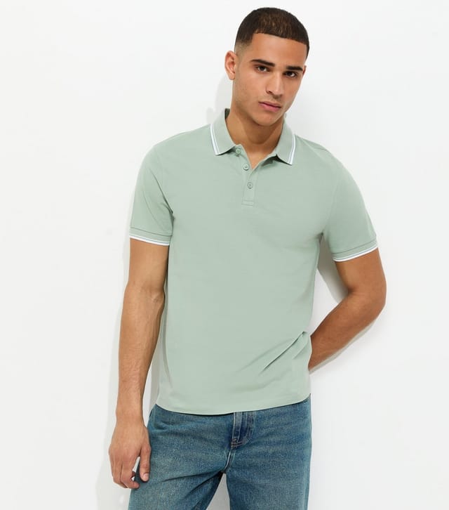 New Look Men's Light Green Regular Contrast Tipping Pique Polo Top New Look - 2