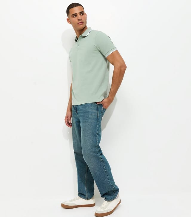 New Look Men's Light Green Regular Contrast Tipping Pique Polo Top New Look - 3