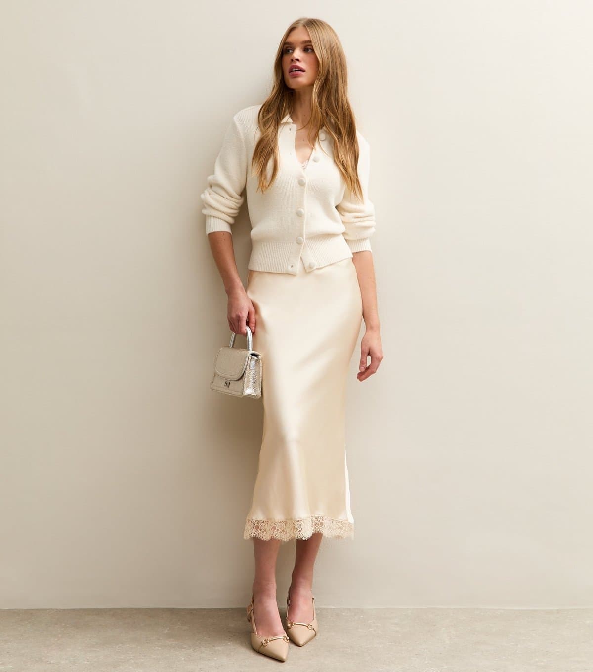 New Look Women's Cream Lace Trim Midi Satin Skirt New Look