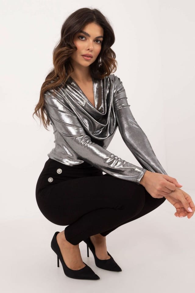 Love Lace Love Lace Women's Shiny Pleated Long Sleeve Formal Blouse in Grey - 2