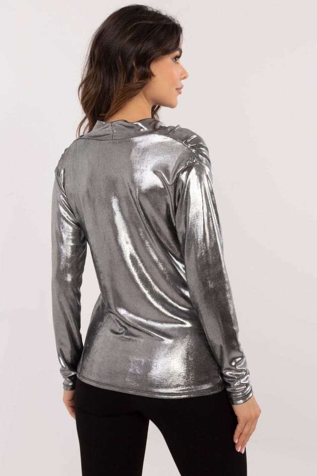 Love Lace Love Lace Women's Shiny Pleated Long Sleeve Formal Blouse in Grey - 3