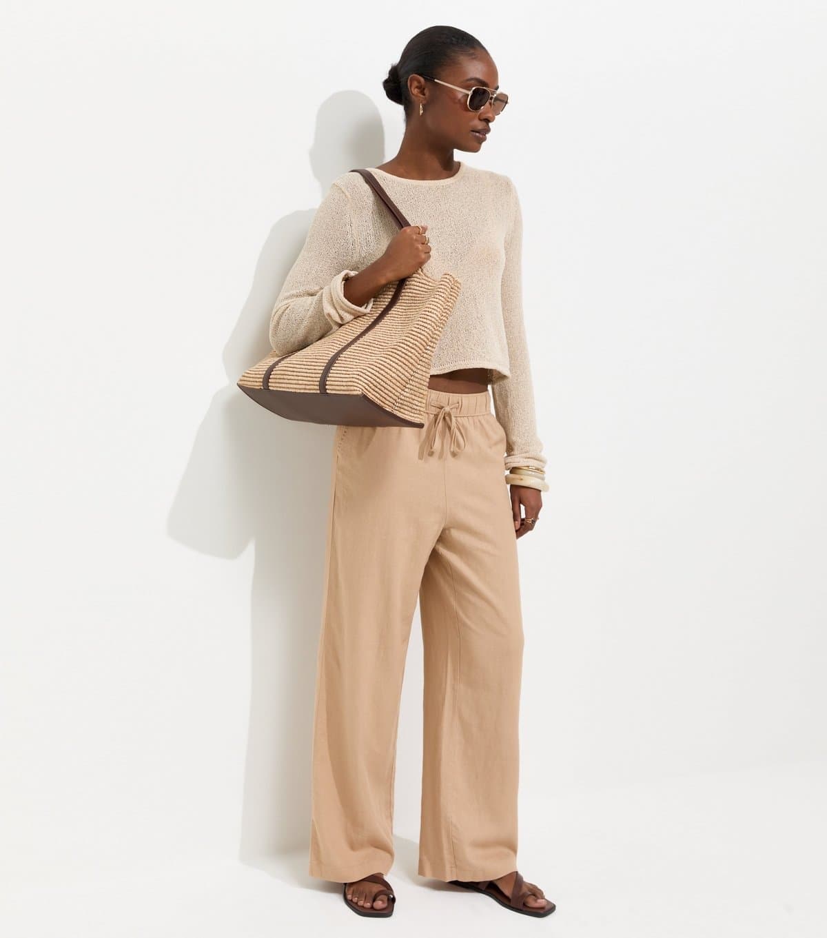 New Look Women's Mink Linen Blend Wide Leg Trousers New Look