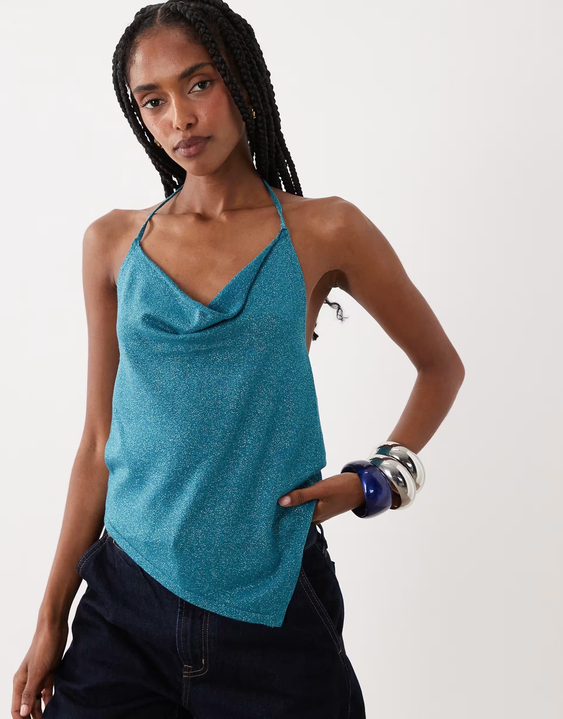 ASOS Mango Teen cowl neck shimmer asymetric hem top in blue