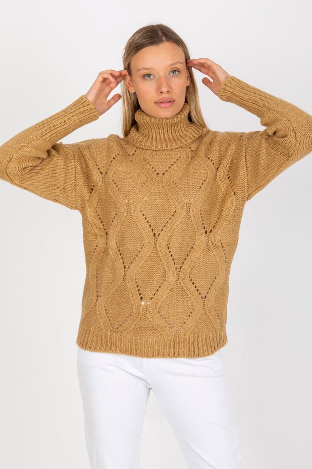 Love Lace Love Lace Women's Turtleneck Openwork Sweater Long Sleeve in Camel