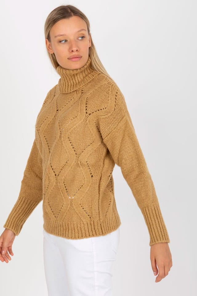 Love Lace Love Lace Women's Turtleneck Openwork Sweater Long Sleeve in Camel - 2