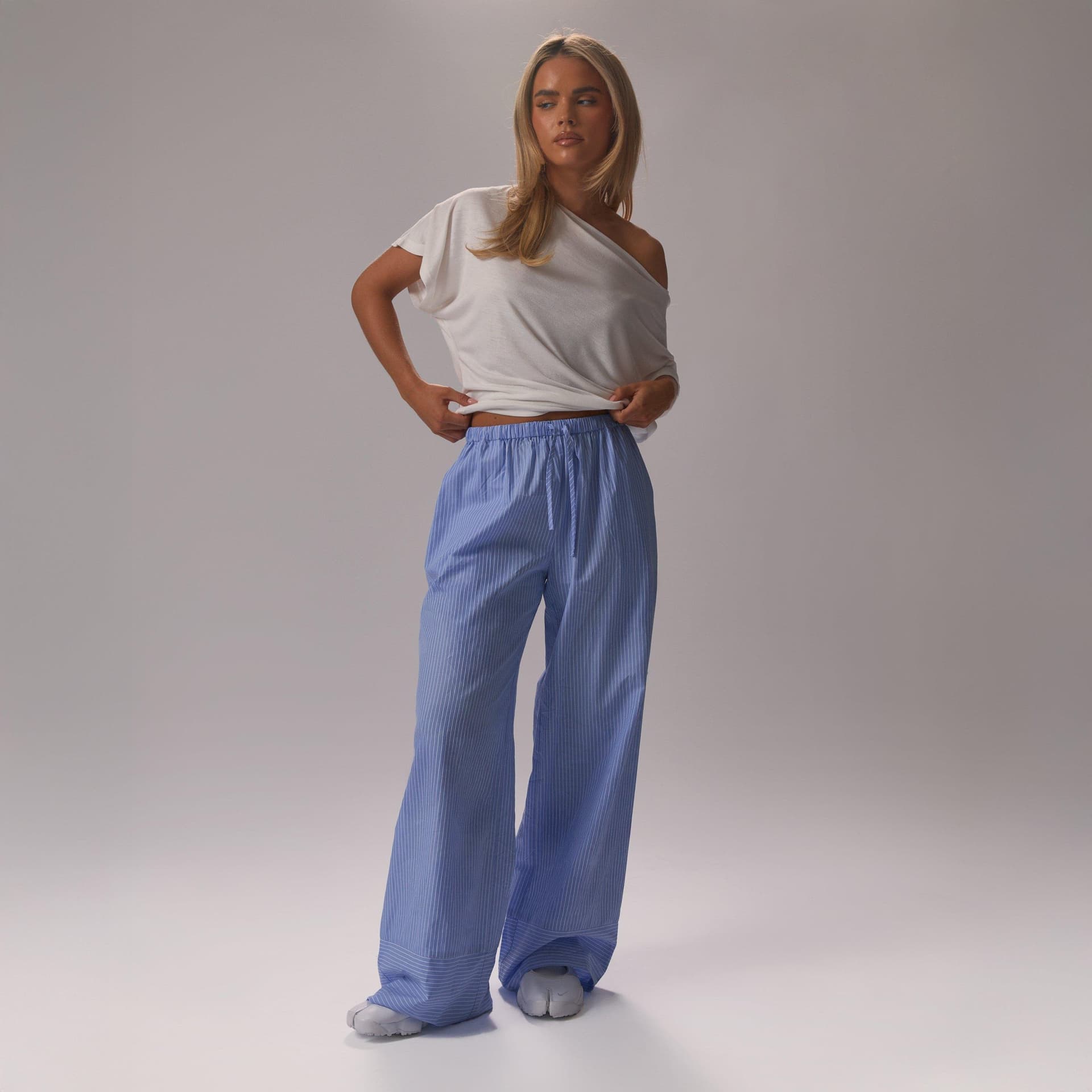 EGO EGO Blue Stripe Crinkle Poplin Wide Leg Trousers