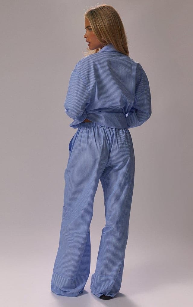 EGO Drawstring Waist Wide Leg Poplin Trousers In Blue Stripe Crinkle, Women's Size UK 6 - 2