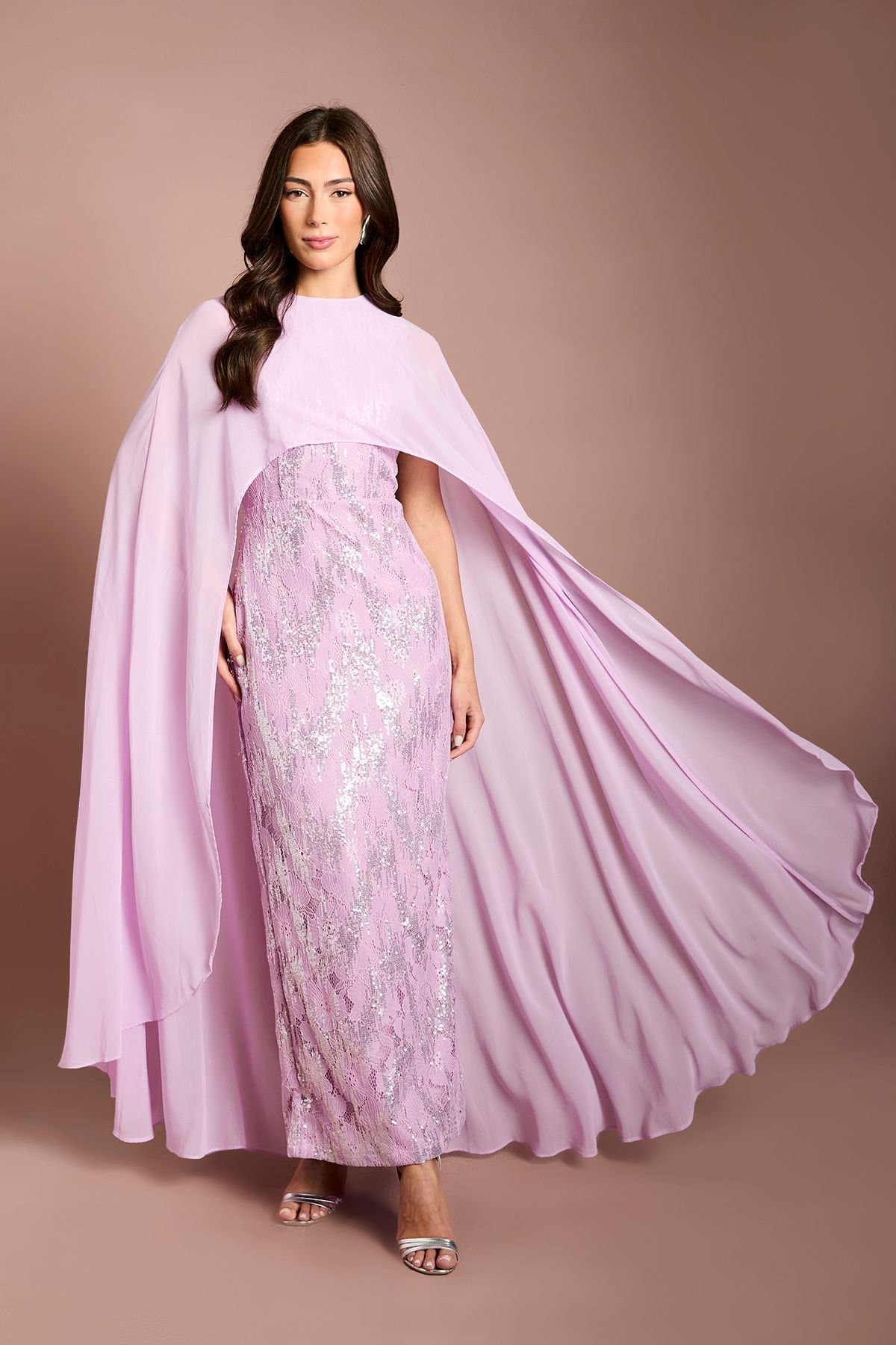 Coast Coast Women's Cape Sleeve Sequin Maxi Dress in Lilac