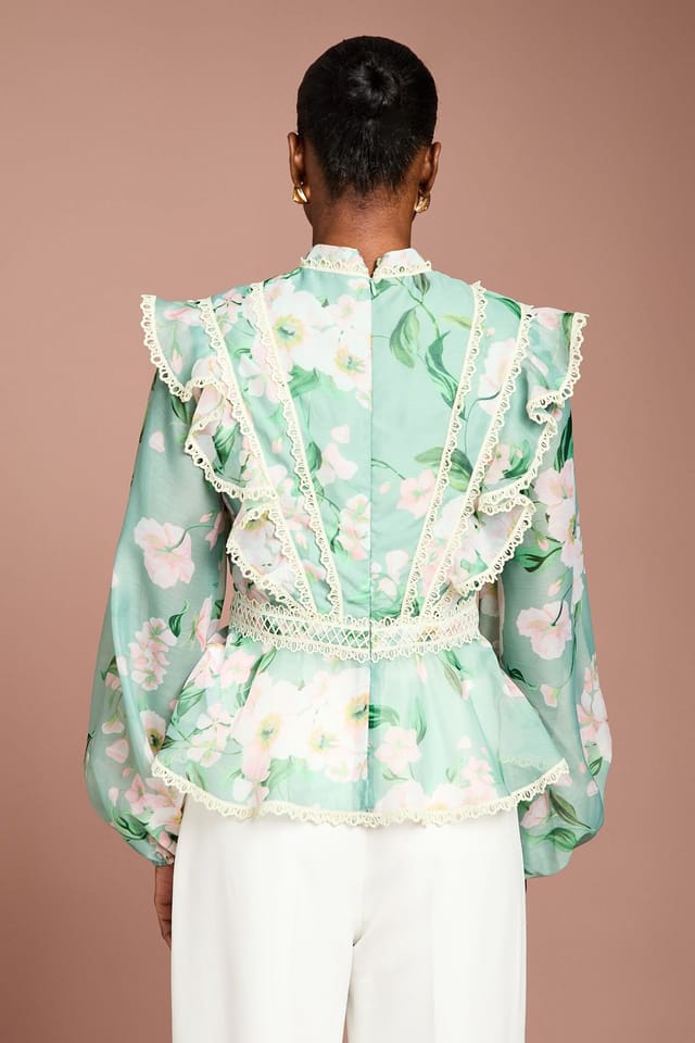 Coast Coast Women's Printed Long Sleeve Frill Organza Blouse in Sage - 3