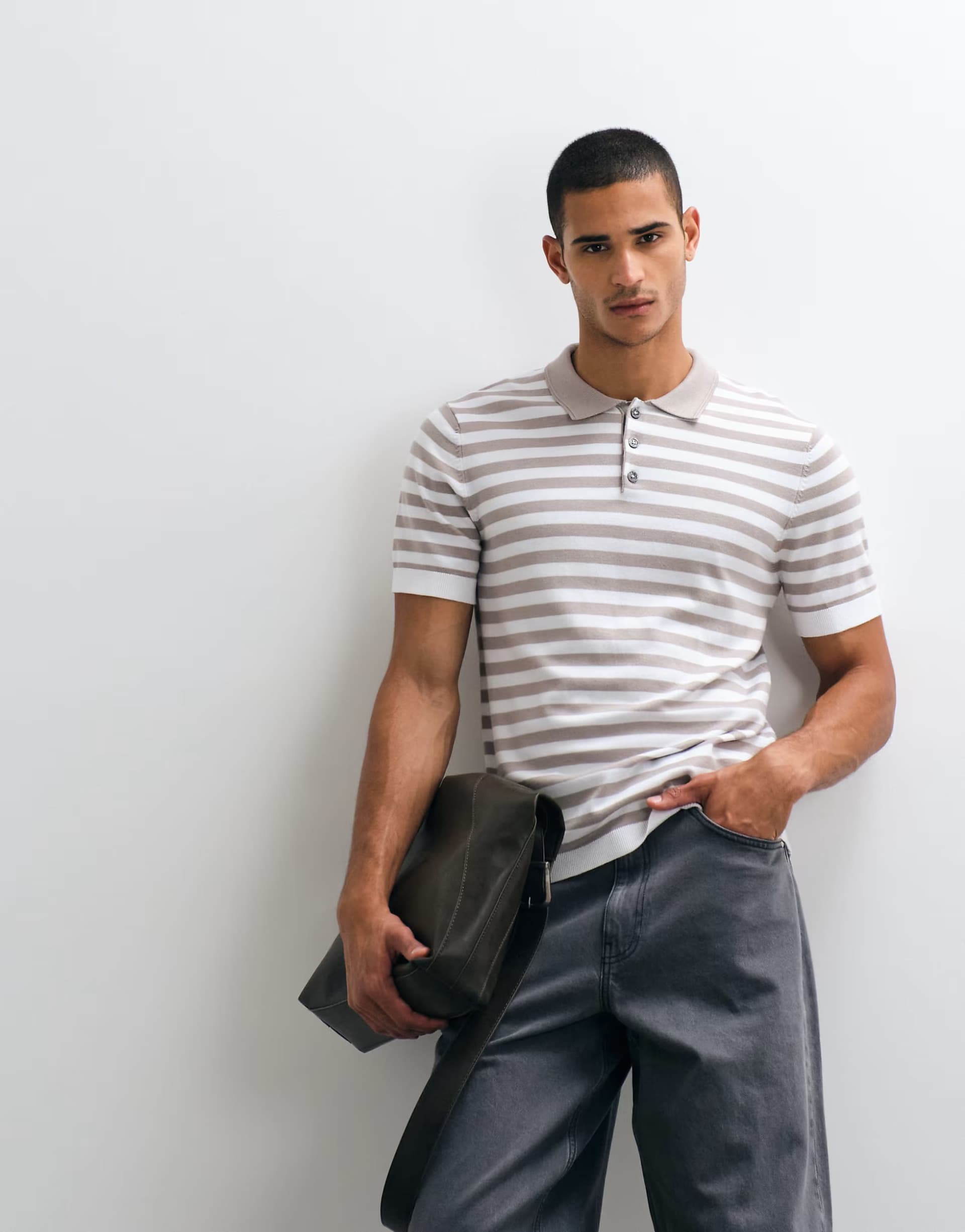 ASOS River Island short sleeve stripe knitted polo in stone