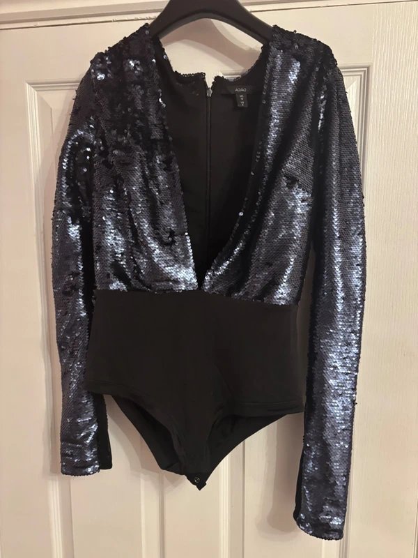 AQ/AQ AQ/AQ plunge blue sequin bodysuit wedding party holiday 10 same day post - 1