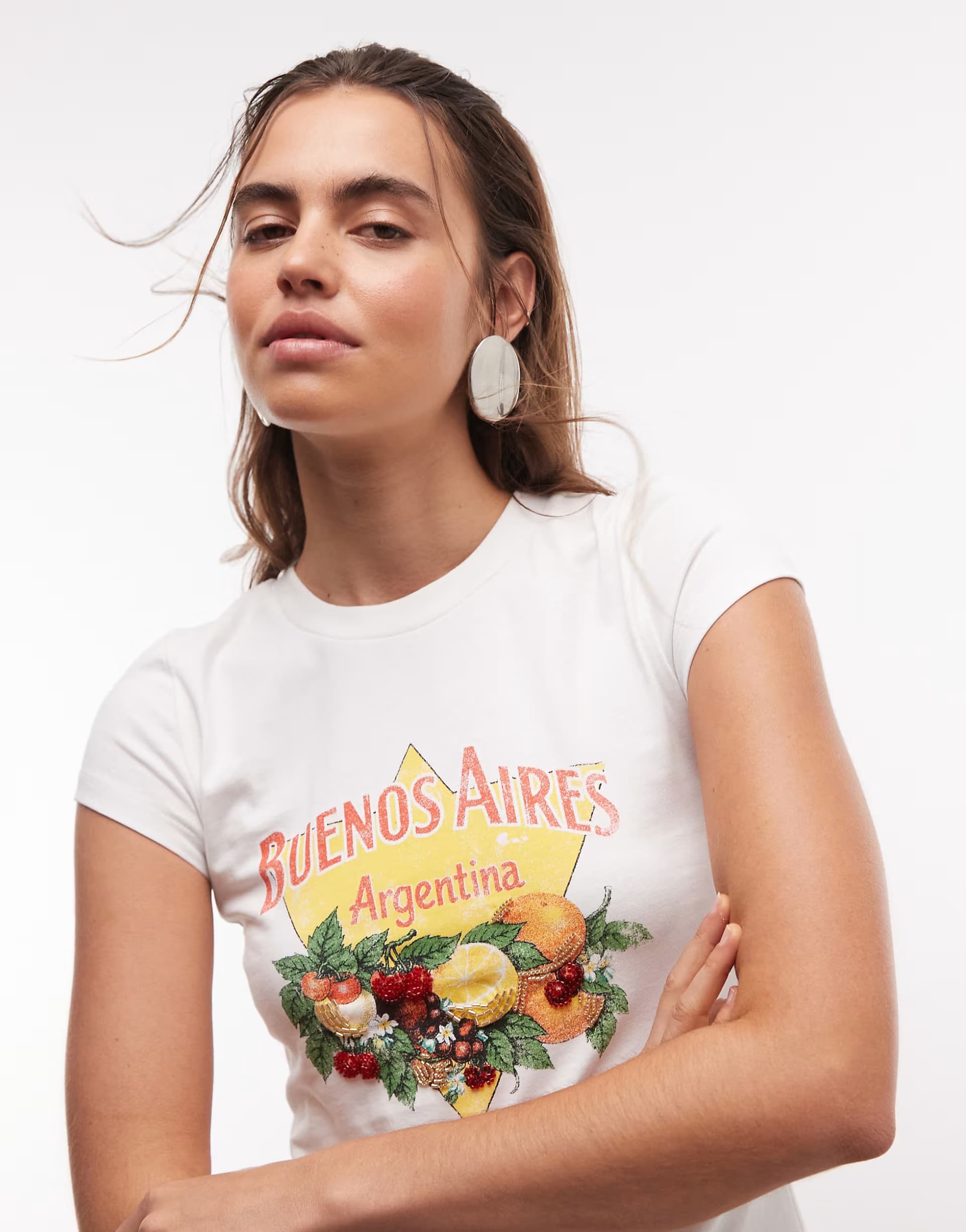 ASOS ASOS DESIGN baby tee with beaded Buenos Aires fruit graphic in white
