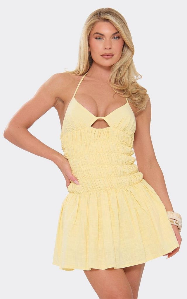 EGO Halterneck Ruched Mini Shift Dress In Lemon Linen Look, Women's Size UK 6 - 2