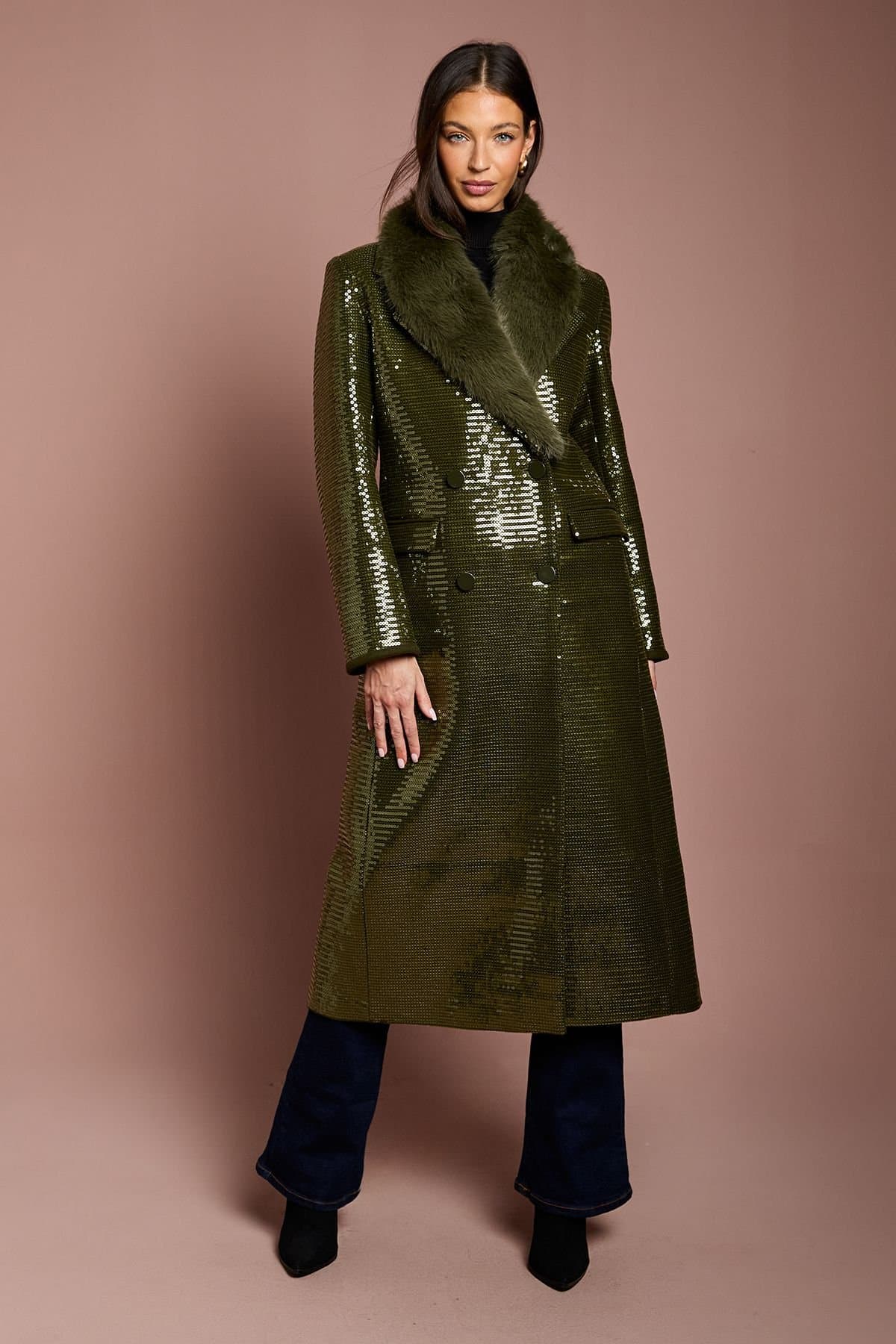 Coast Coast Women's Faux Fur Collar Sequin Longline Coat in Olive