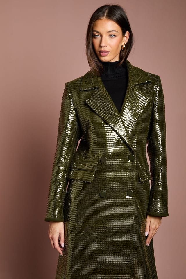 Coast Coast Women's Faux Fur Collar Sequin Longline Coat in Olive - 2