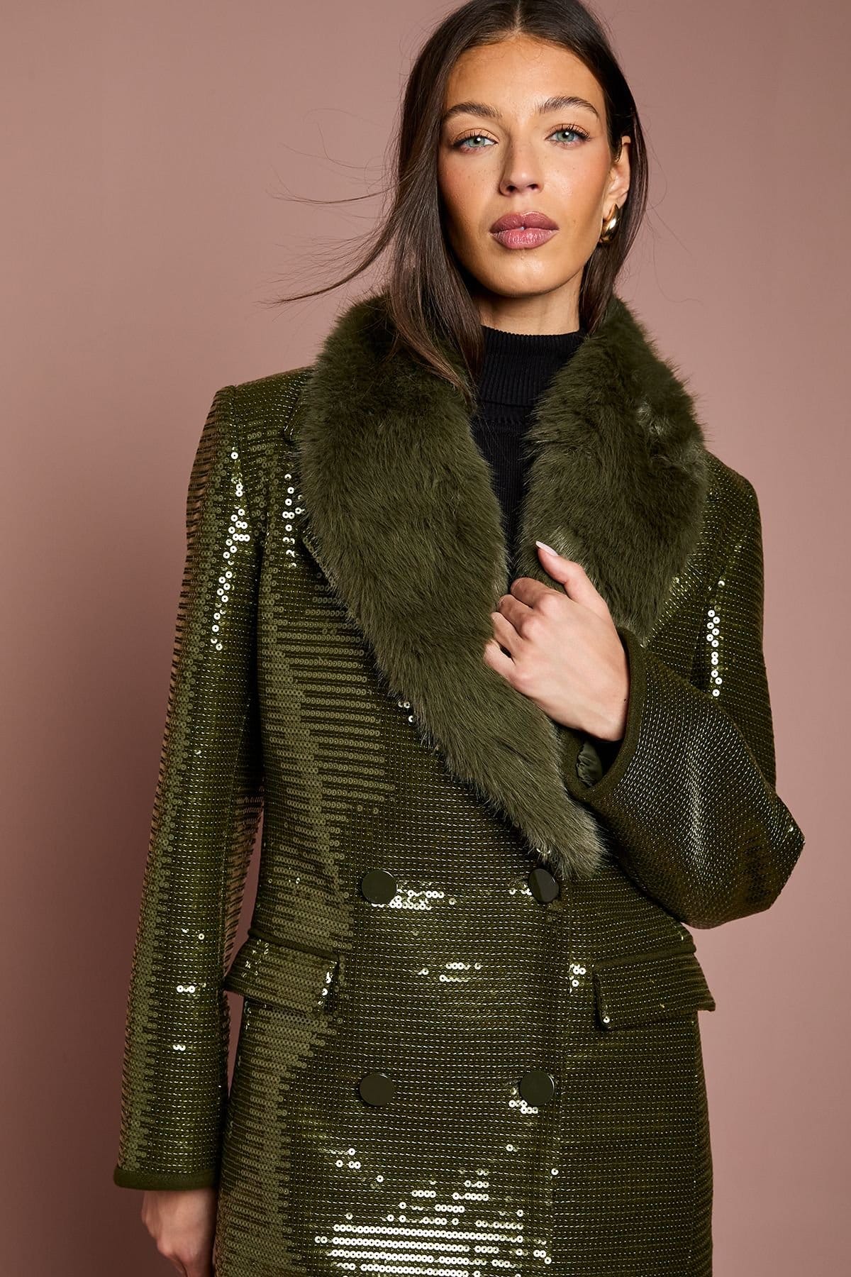 Coast Coast Women's Faux Fur Collar Sequin Longline Coat in Olive - 4