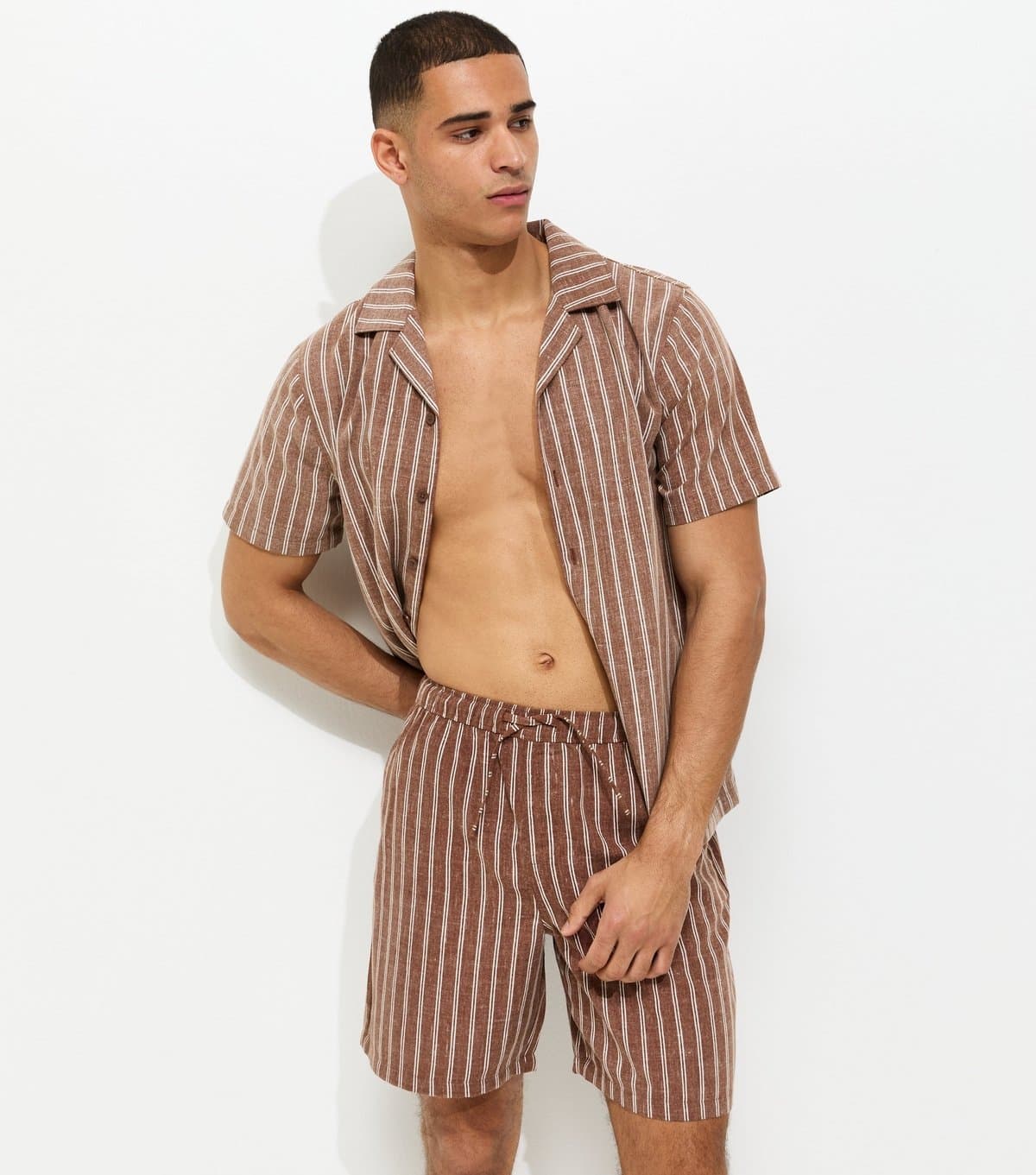 New Look Men's Brown Regular Striped Drawstring Shorts New Look
