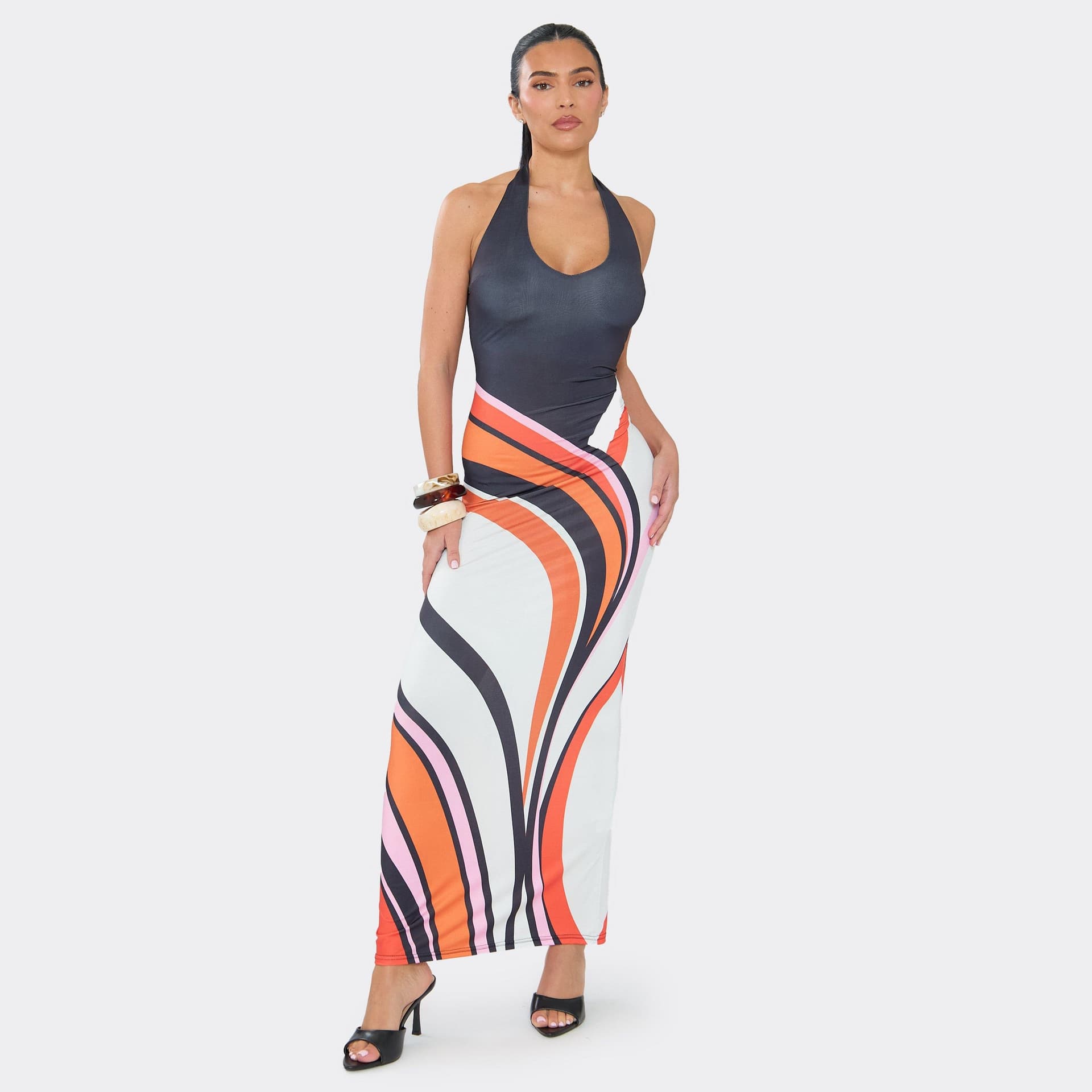 EGO Plunge Halterneck Maxi Dress In Multi Abstract Print, Women's Size UK 6