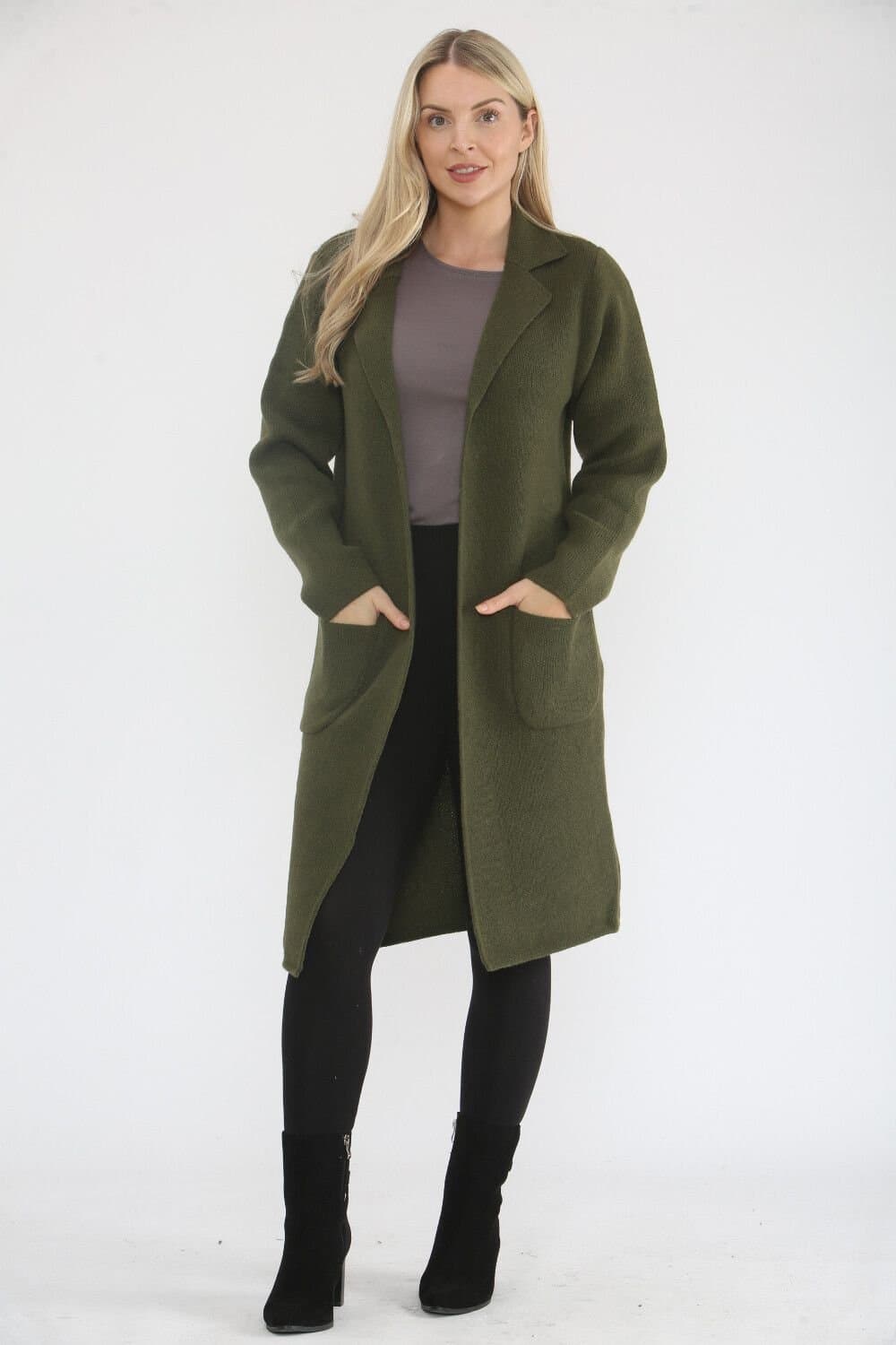 Saloos Saloos Khaki Knitted Longline Jacket for Women