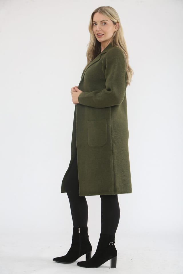 Saloos Saloos Women's Knitted Longline Jacket with Front Pockets in Khaki - 2