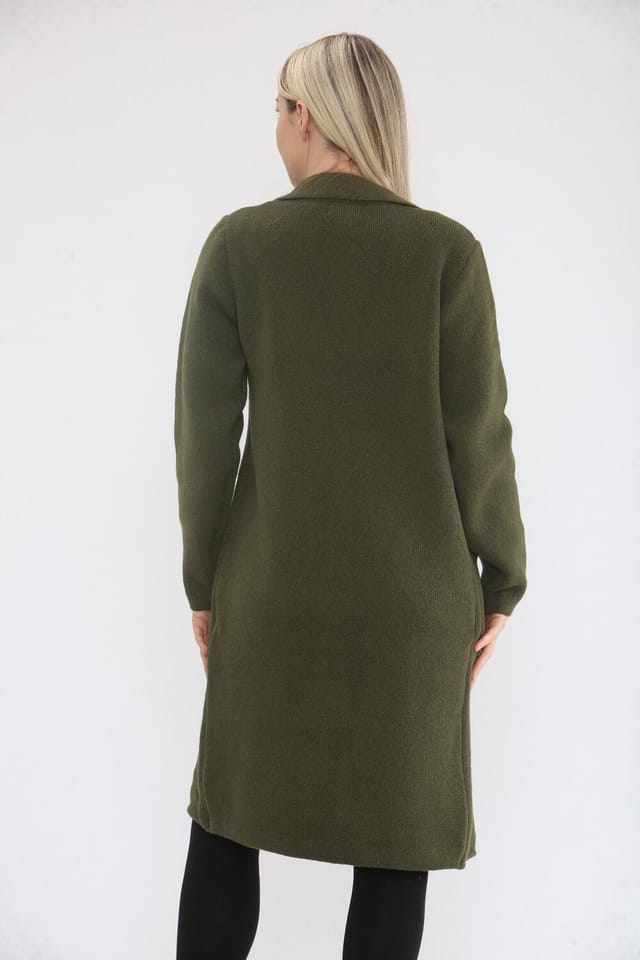 Saloos Saloos Women's Knitted Longline Jacket with Front Pockets in Khaki - 3