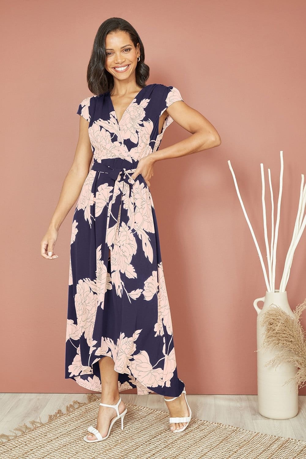 Yumi Yumi Women's Navy Blossom Print Wrap Midi With Dipped Hem - 4