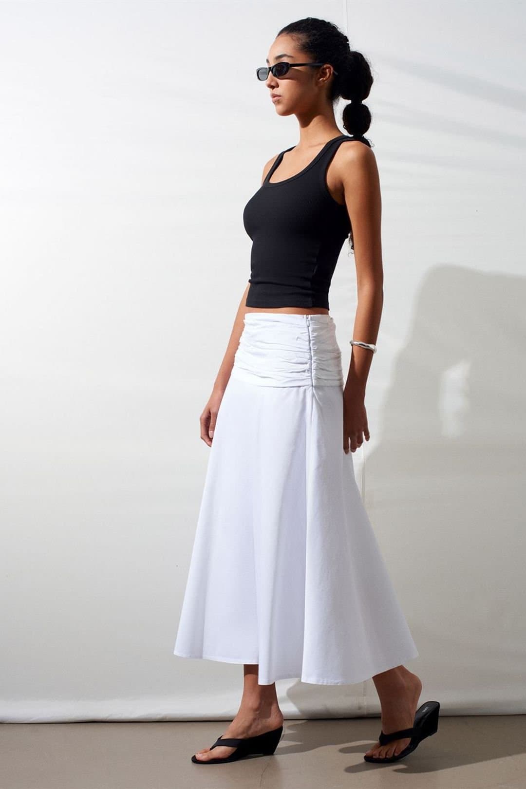 Dilvin Dilvin Women's High-Waist A-Line Midi Skirt in White
