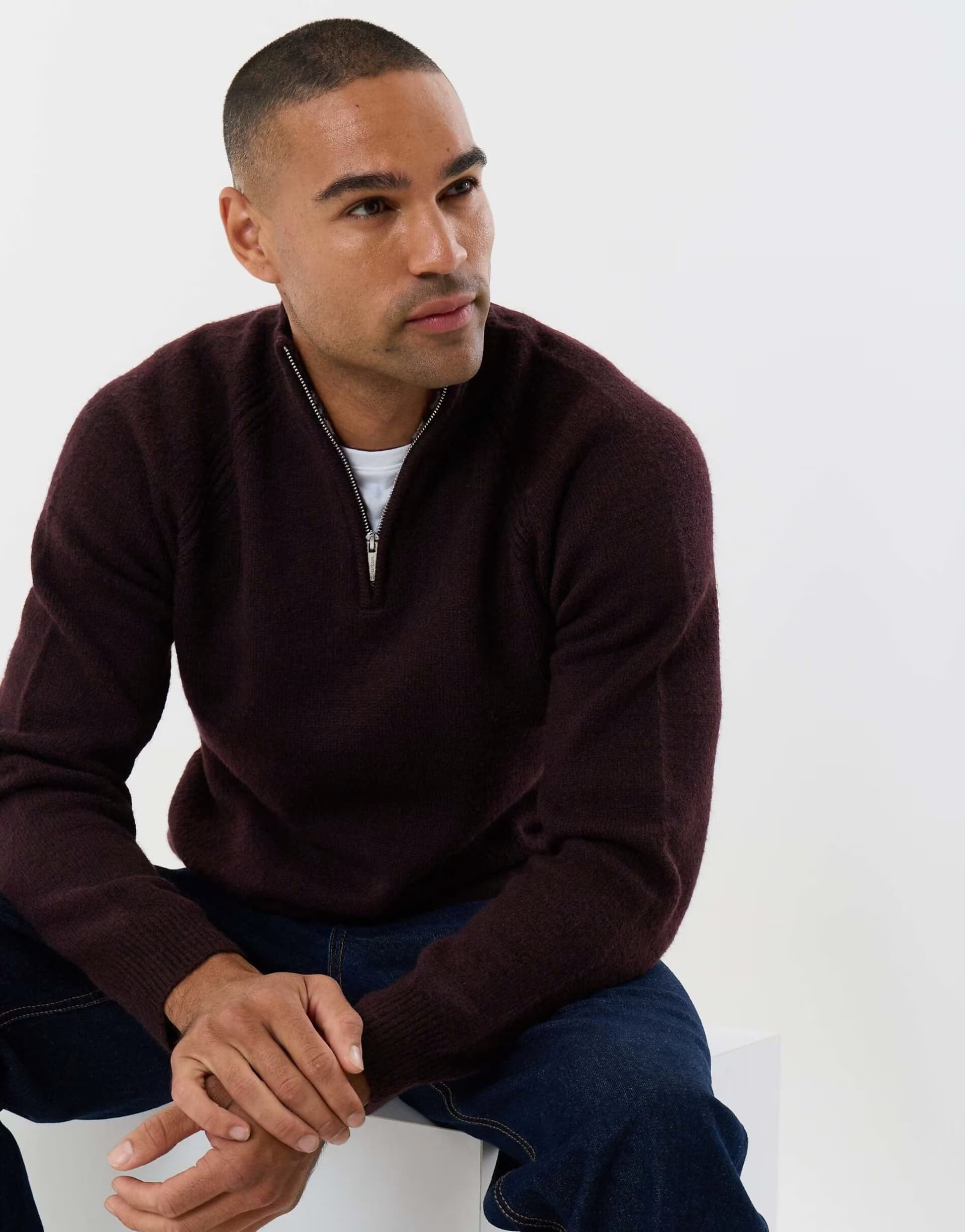ASOS Threadbare Raglan rib quarter zip knitted jumper in burgundy