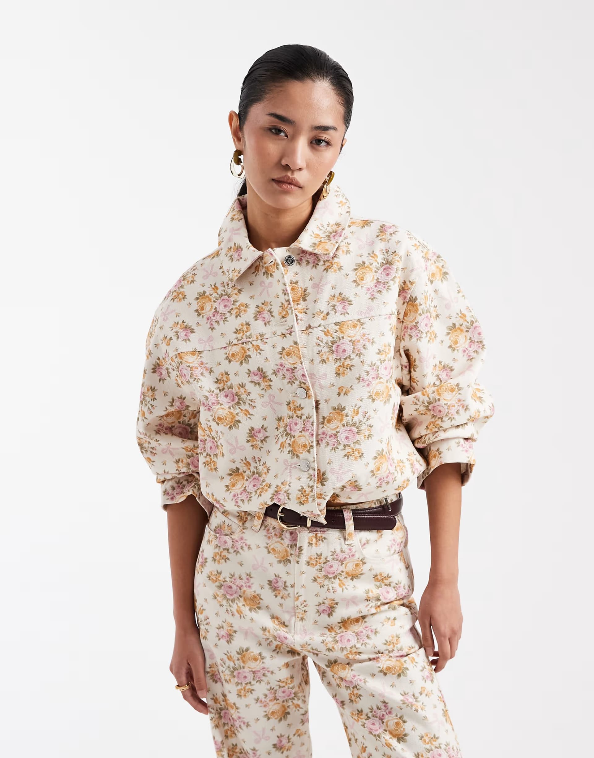 ASOS Miss Selfridge all over floral denim jacket co ord