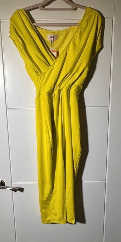 DLSB Neon Yellow Wrap Midi Dress – Deep V Neck, Draped Waist, Size UK 8