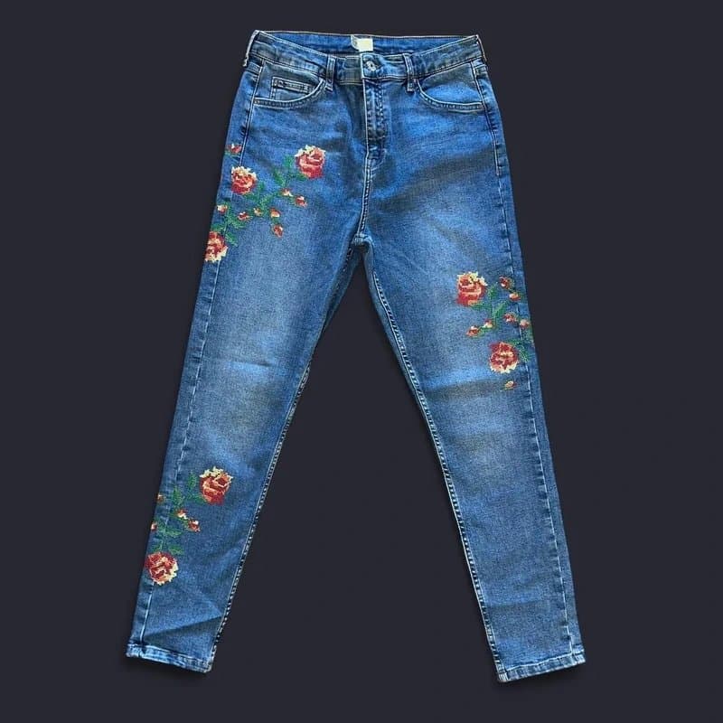 Topshop Topshop Embroidered Floral Flowers Cross Stitch Jamie High Waisted Rise Ankle Grazer Skinny Jeans