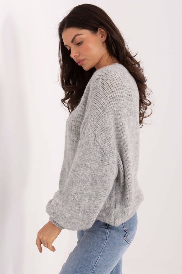 Love Lace Love Lace Women's Stylish Casual Crewneck Sweater with Puff Sleeves in Grey - 2