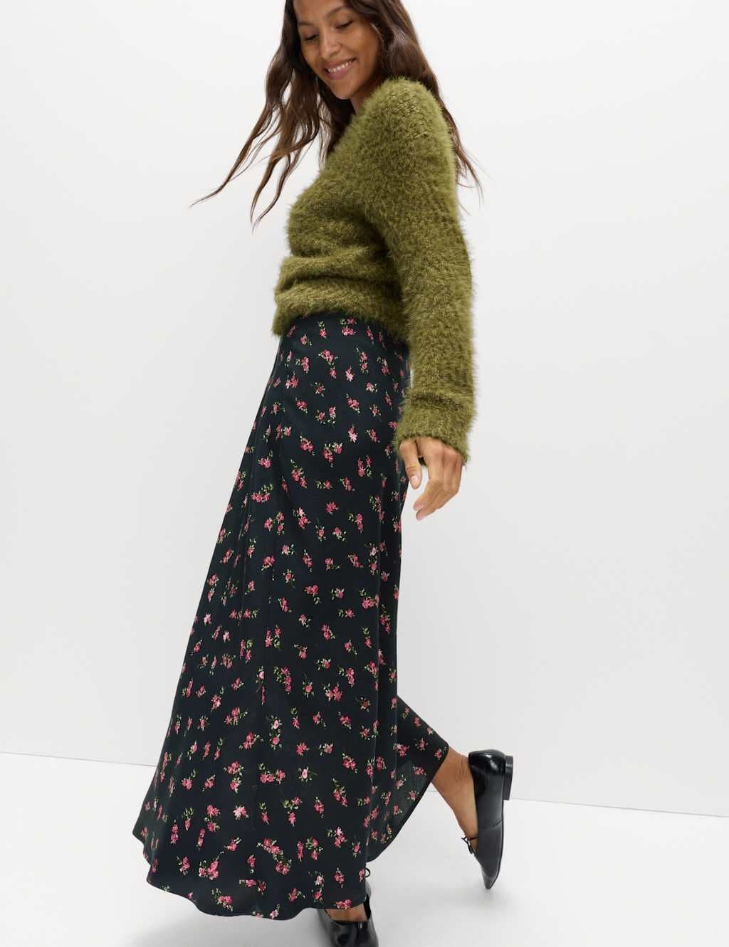 Marks & Spencer M&S Floral Midaxi A-Line Skirt Black Mix