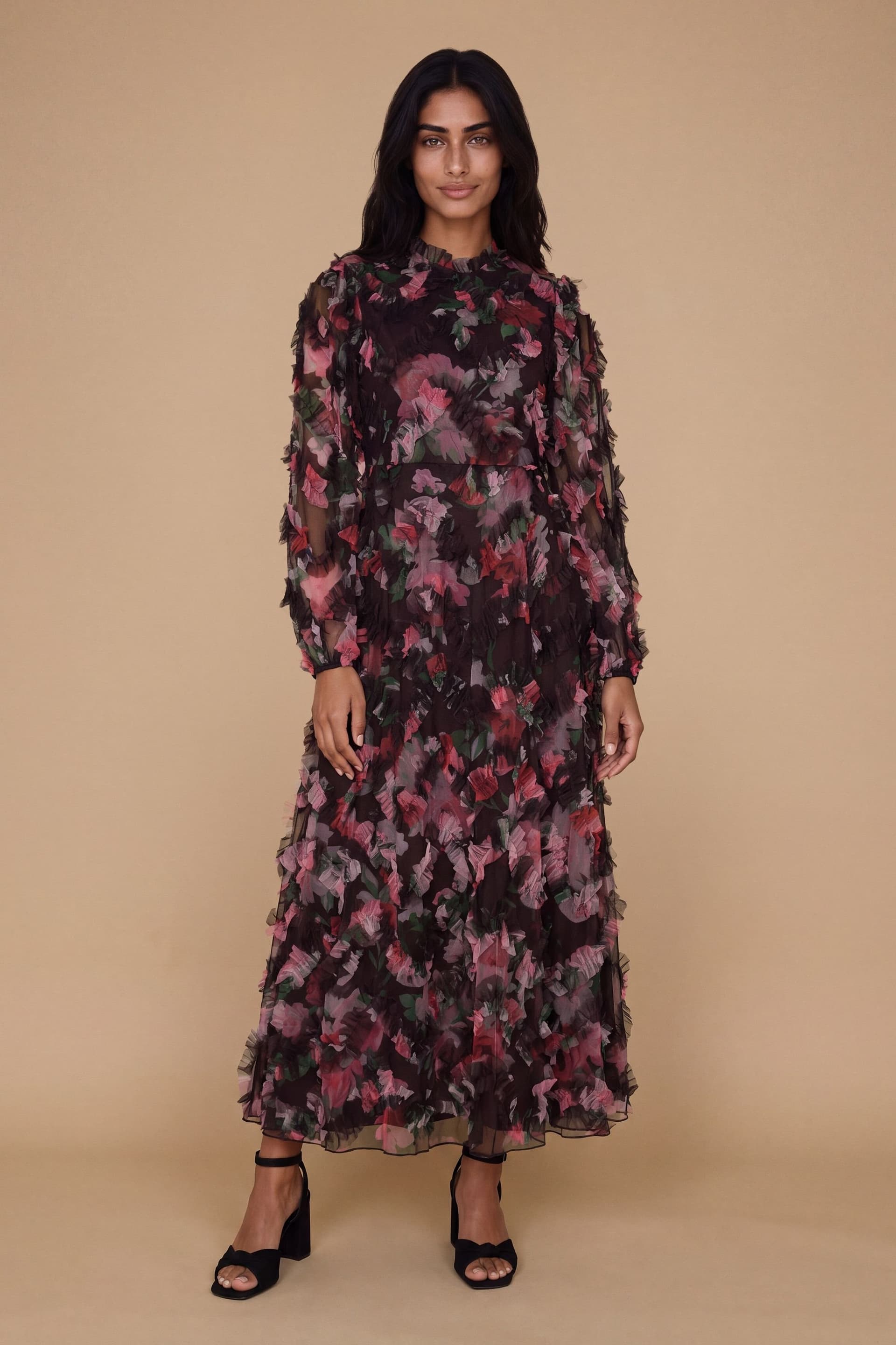 Oasis Oasis Women's Petite Long Sleeve Printed Mesh Midi Dress in Chocolate