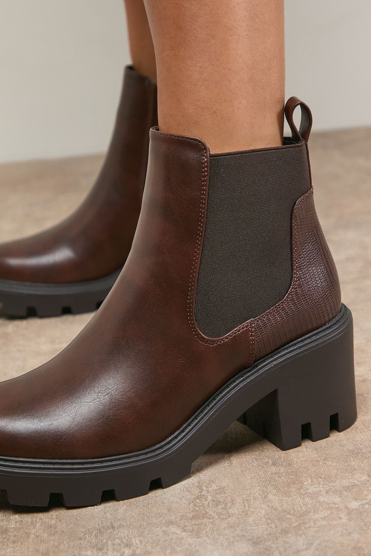 Oasis Oasis Women's Monty Faux Leather High Heel Chunky Chelsea Ankle Boots in Brown - 3