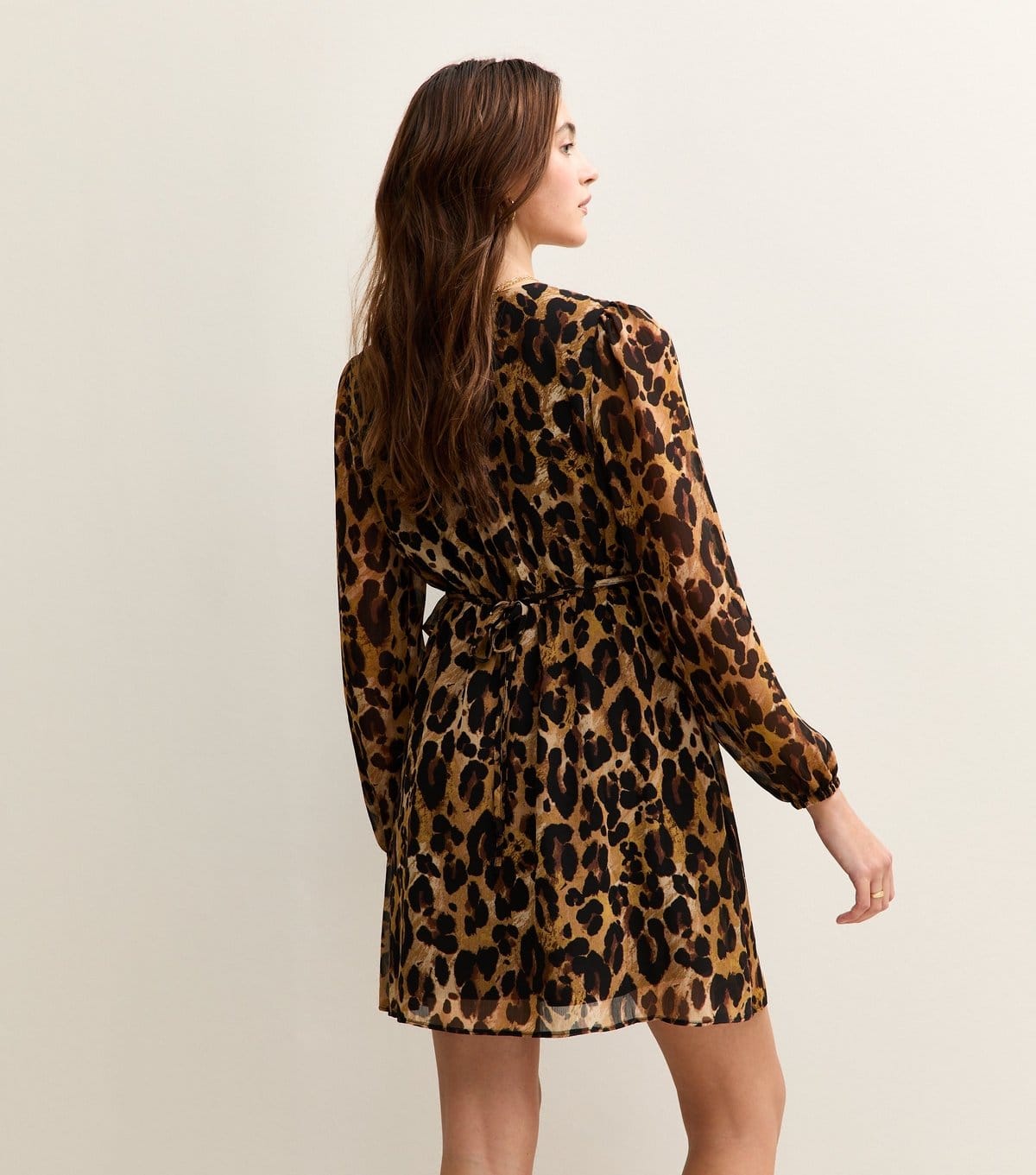 New Look Women's Brown Leopard Print Chiffon Long Sleeve Mini Dress New Look - 4