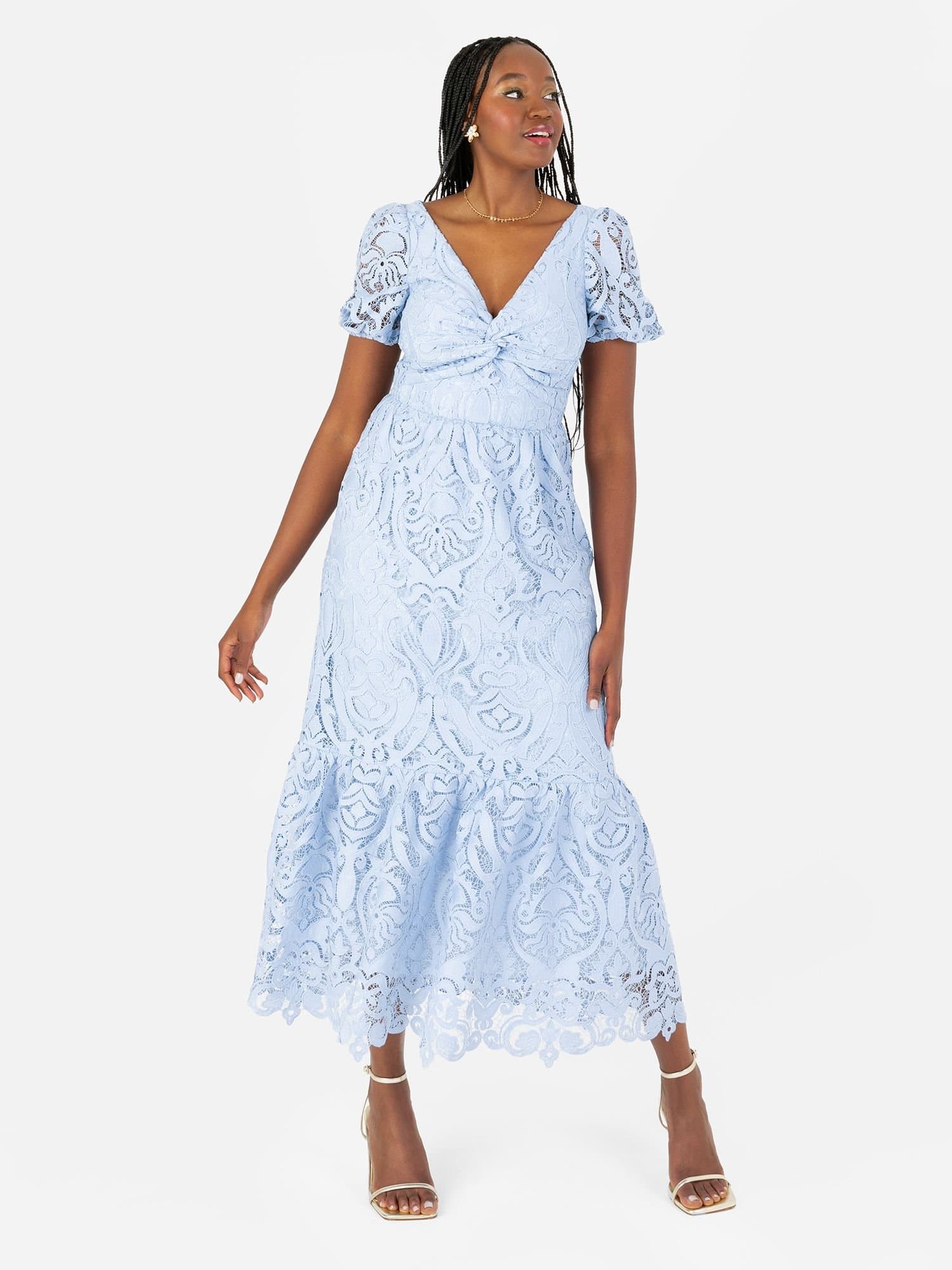 Maya Deluxe Maya Deluxe Women's Lace Midi Dress with Twist Detail in Blue