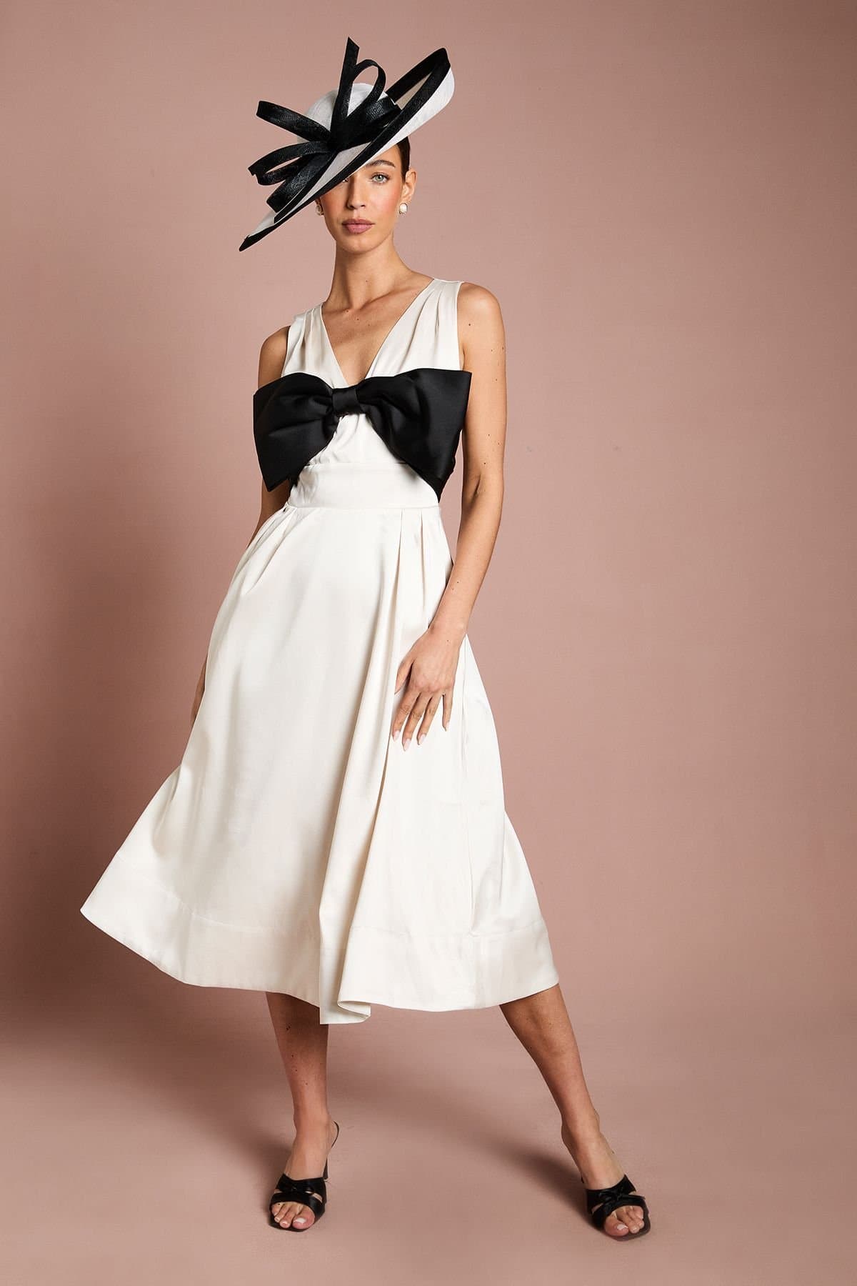 Coast Coast Women's Lisa Tan Satin Midi Dress With Bow Detail in Mono